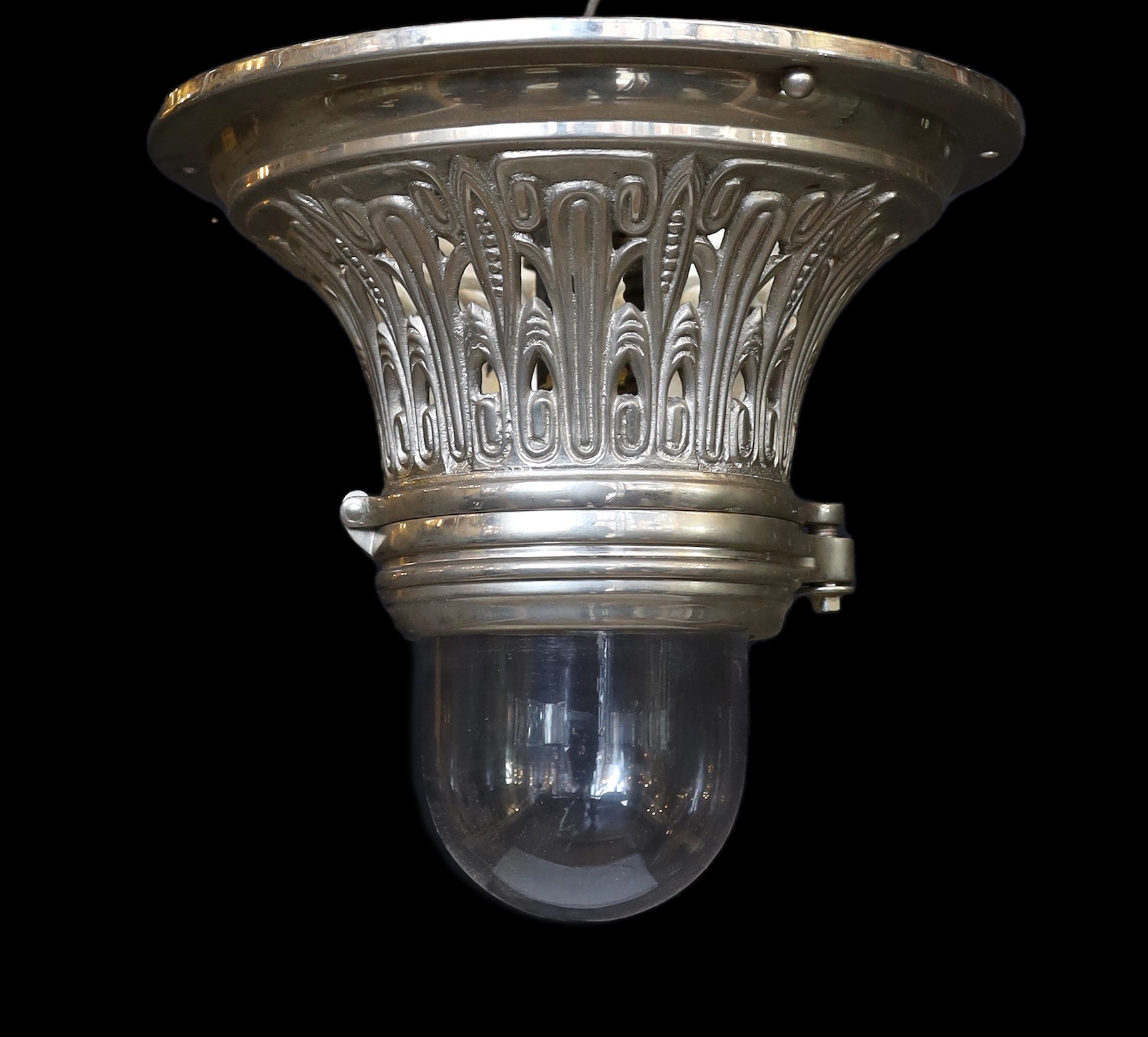 A continental silver brass ceiling lamp, height 27cm. diameter 27 cm.